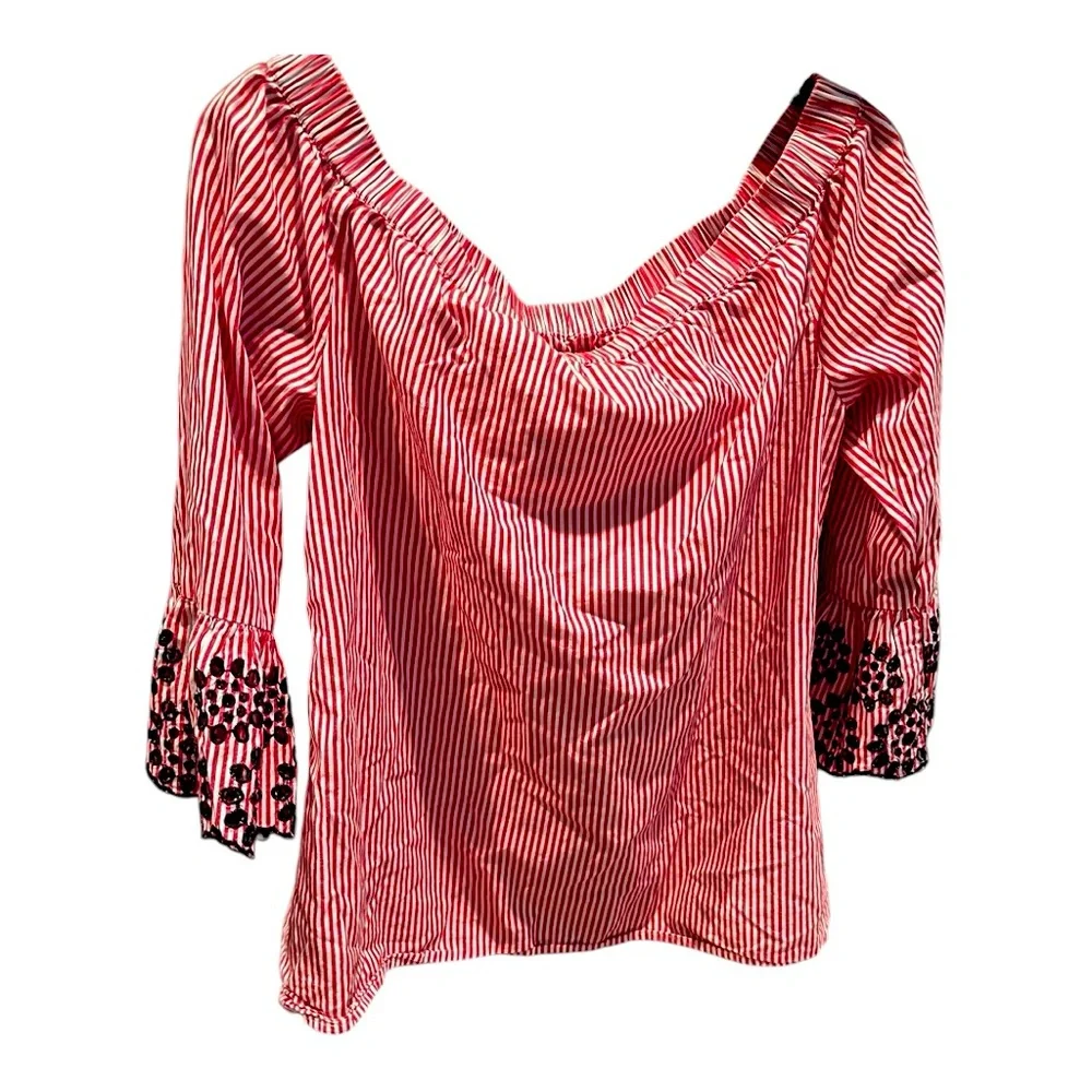 Beach Lunch Lounge Red White‎ Boho Striped Off Shoulder Top Medium